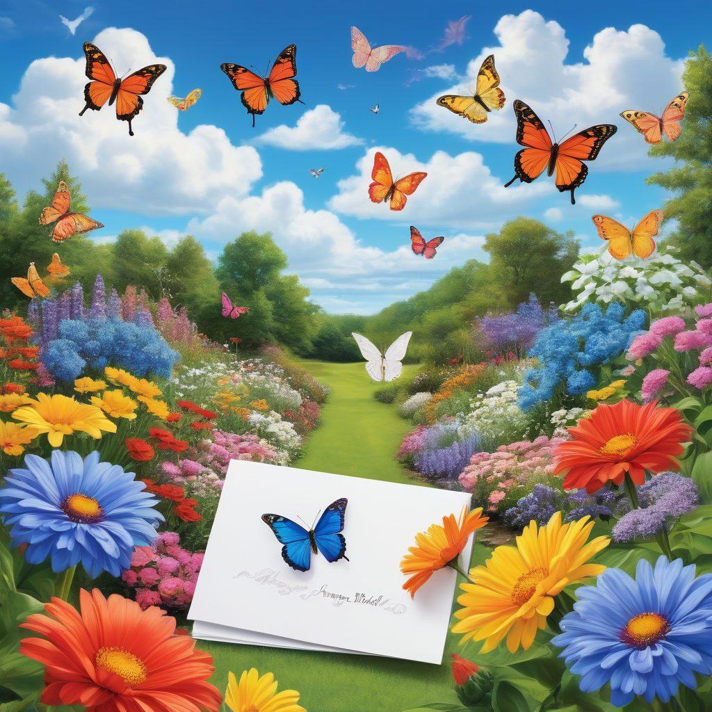 A vibrant and playful scene featuring an array of whimsical greeting cards scattered amidst a sunny garden filled with colorful flowers and cheerful butterflies. Each card has unique, humorous illustrations and heartwarming messages, evoking joy and laughter. The background is bright blue skies with fluffy white clouds, adding to the uplifting atmosphere. super-realistic. vibrant colors. cheerful spring theme.
