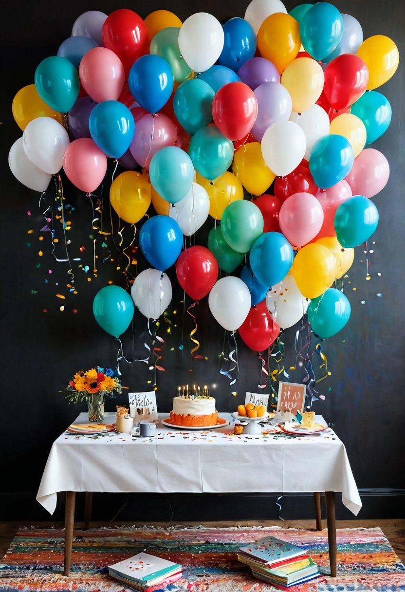 A whimsical scene featuring a vibrant collection of delightfully quirky greeting cards displayed on a colorful, overflowing table. Each card showcases unique illustrations, playful typography, and heartfelt messages, surrounded by confetti and a cozy warm light. A hand-writing a personal note on one of the cards, evoking a sense of joy and connection. The background includes cheerful decorations like balloons and string lights, representing various celebrations. This joyful atmosphere captures the essence of celebrating every moment. vibrant colors. playful style. whimsical.