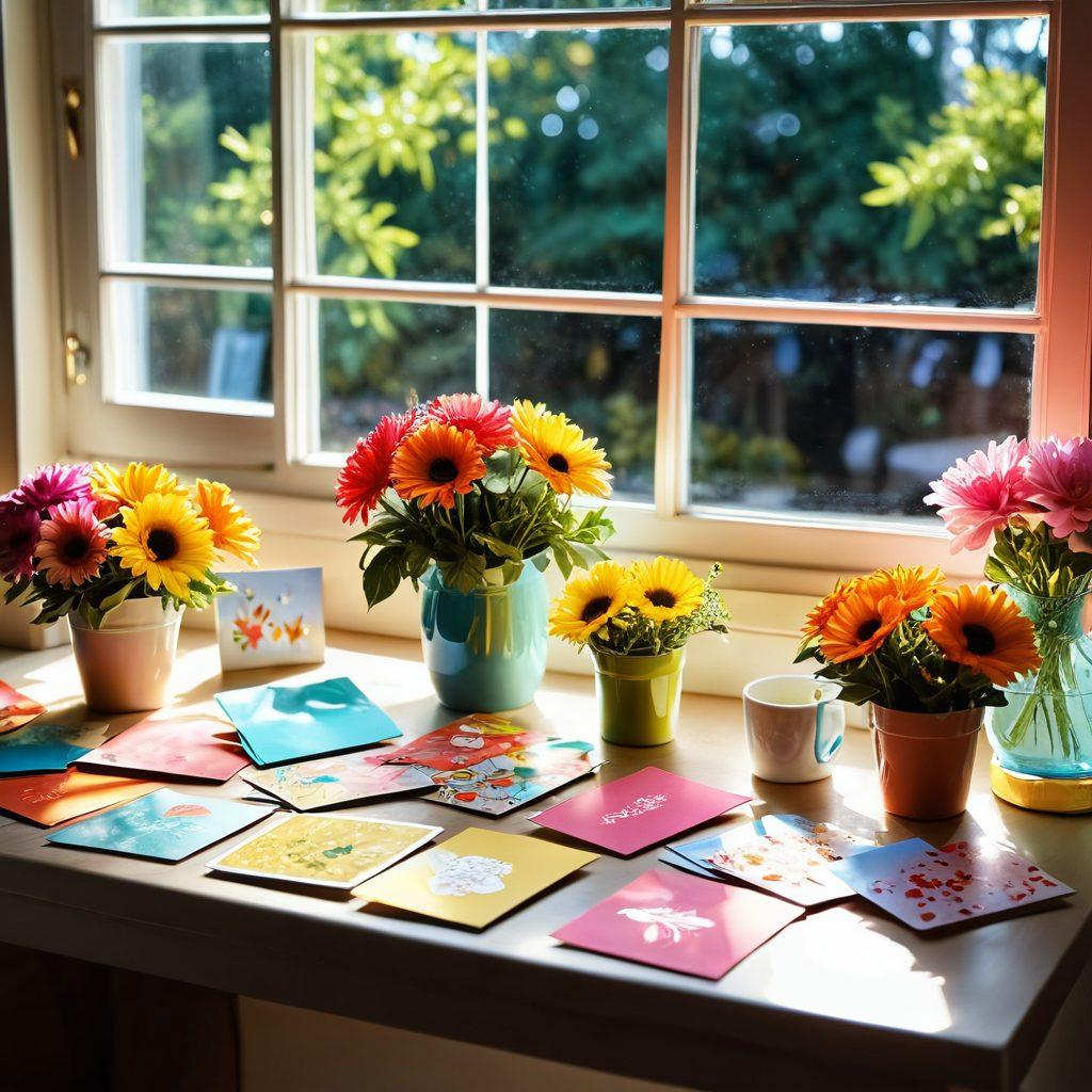 A cheerful scene displaying a variety of colorful and humorous greeting cards spread across a bright, sunlit table, with light streaming through a window. Laughter can be visually depicted with whimsical characters or playful illustrations on the cards. Add elements of nature, like vibrant flowers or a smiling sun in the corner. Enhance the mood with a warm, inviting atmosphere. bright colors. whimsical style. soft lighting.